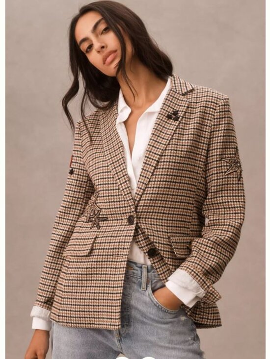 Anthropologie Applique Patches Houndstooth Blazer Sz S - Picture 2 of 11